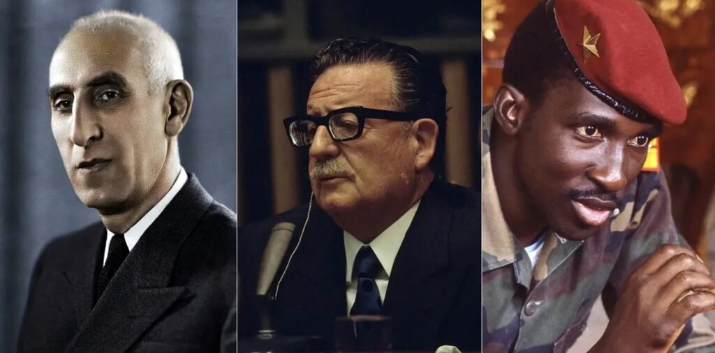 Mohammad Mosaddegh en Irán, Salvador Allende en Chile y Thomas Sankara en Burkina Faso: tres víctimas del imperialismo.