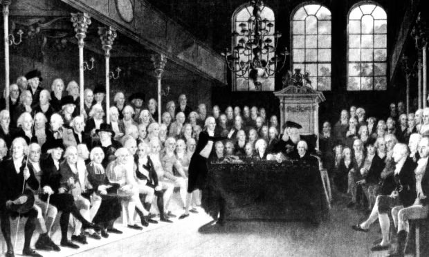 Se cree que esta pintura, 'La Cámara de los Comunes 1793-94', de Anton Hickel, es una amalgama de dos debates sobre el estallido de la guerra con Francia.