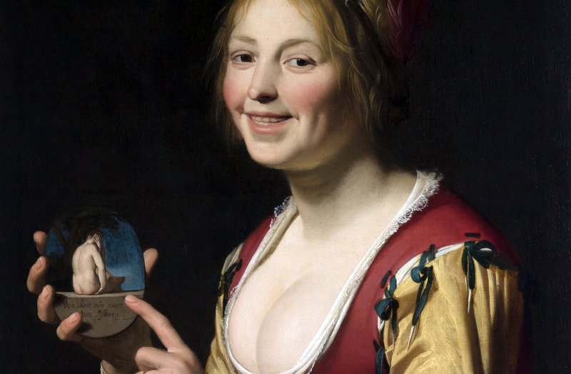 Detalle del cuadro 'Mujer joven riendo con un medallón' (Gerard van Honthorst, 1625).