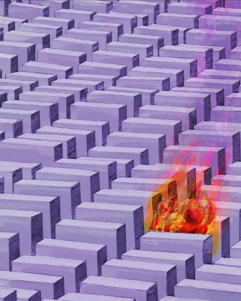 Obra de Mohammed Afefa. Representa el "Monumento a los Judíos Asesinados de Europa" en Berlín, Alemania, con el mártir Sha'ban al-Dalo, de 19 años, quien estaba conectado a un suero intravenoso cuando Israel lo quemó vivo junto a su madre el 13 de octubre de 2024, después de que aviones de guerra israelíes bombardearan su tienda de campaña en el complejo del Hospital de los Mártires de Al-Aqsa en Gaza.