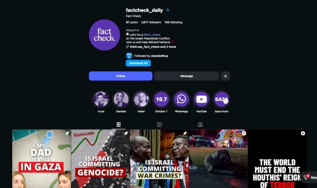 Captura de pantalla de la cuenta falsa de Instagram 'factcheck daily', creada por la Unidad de Portavoces de las FDI y que estuvo operativa entre octubre de 2023 y diciembre de 2024.