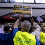 Concentración en la sede de Glovo en Madrid en la reivindicación de huelga.