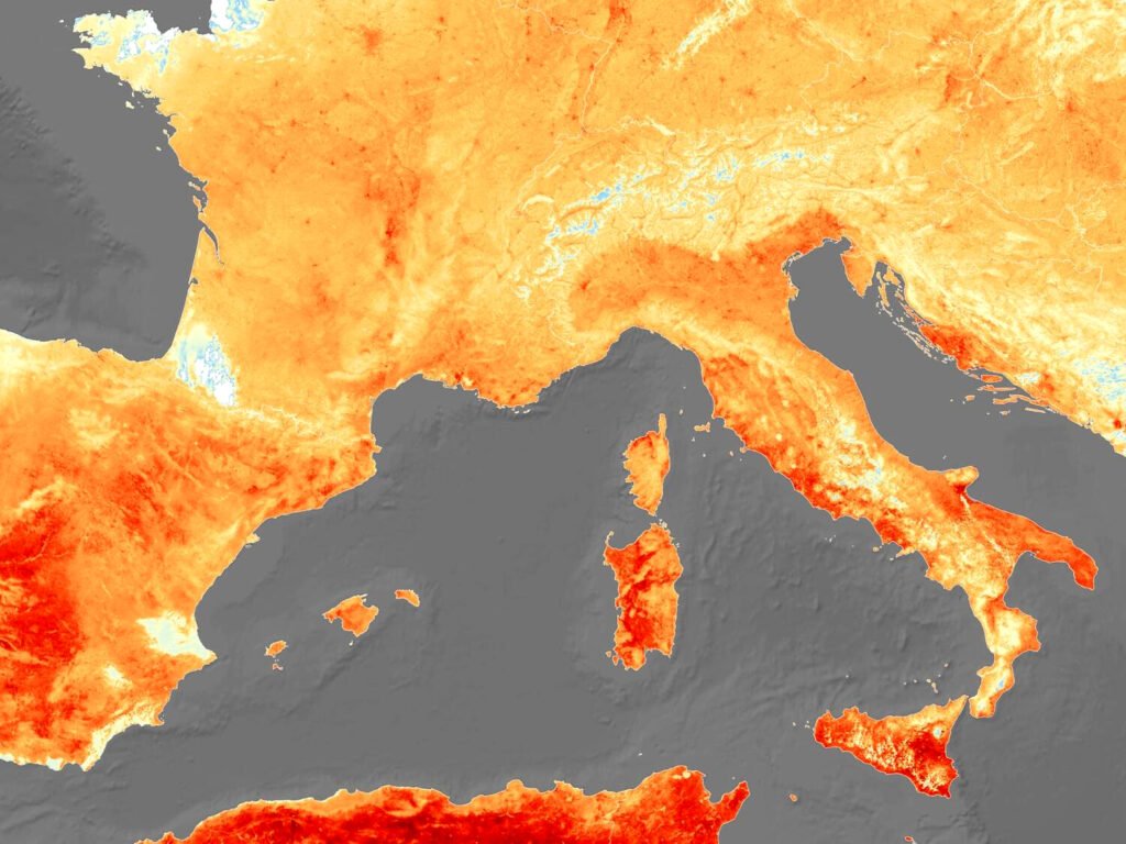 Imagen térmica de Europa bajo una ola de calor en 2019.