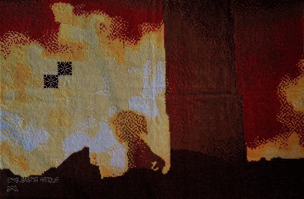 Obra de Basma Natour perteneciente a la exposición titulada “' _____________' * * Gaza – Sin palabras – Vea la exposición”, basada en una fotografía de dominio público, en la 61.ª Bienal de Venecia, Italia. (Museo de Palestina, EE. UU.).