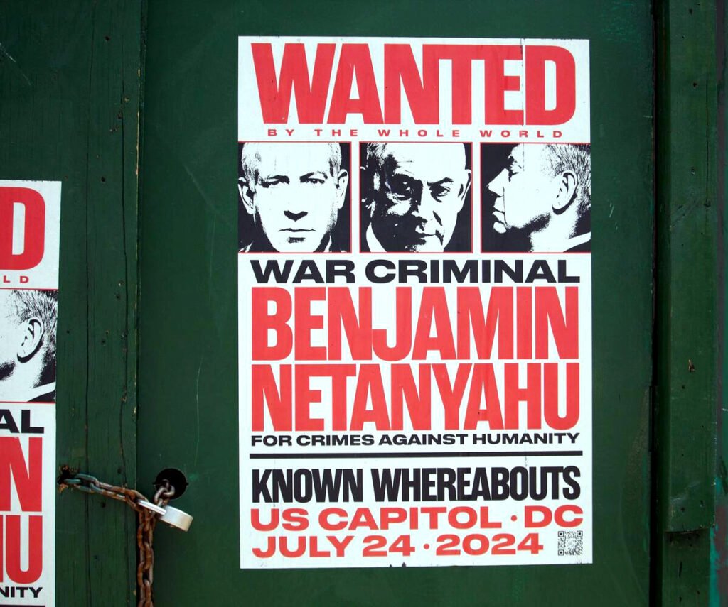Cartel de denuncia contra Benjamin Netanyahu en el Bronx, Nueva York.