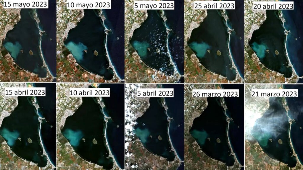 Imagen de la evolución de la mancha blanca aparecida en el Mar Menor tras la 'DANA Alice' en 2023.