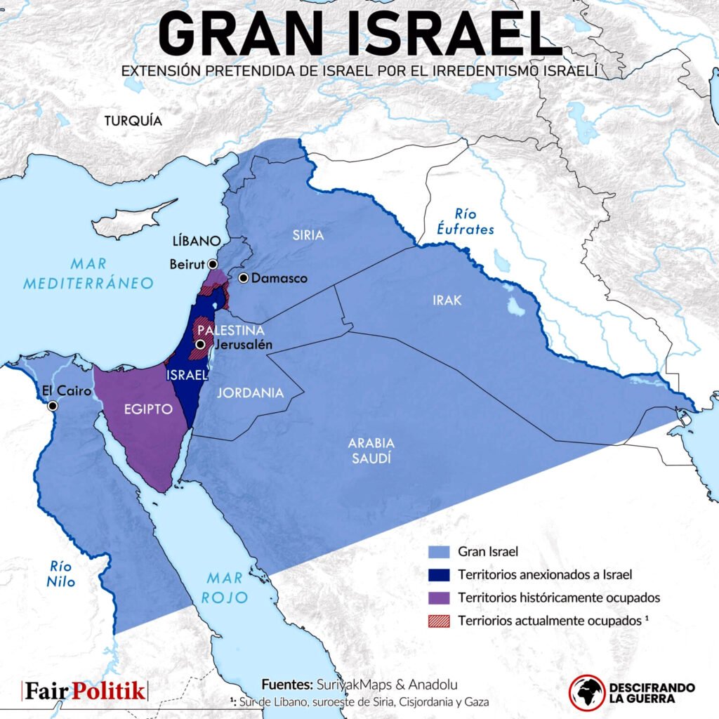 Mapa del Gran Israel, también conocido como Eretz Israel, una noción ideológica y expansionista que se ha integrado en la agenda política del sionismo y, por ende, del gobierno israelí.