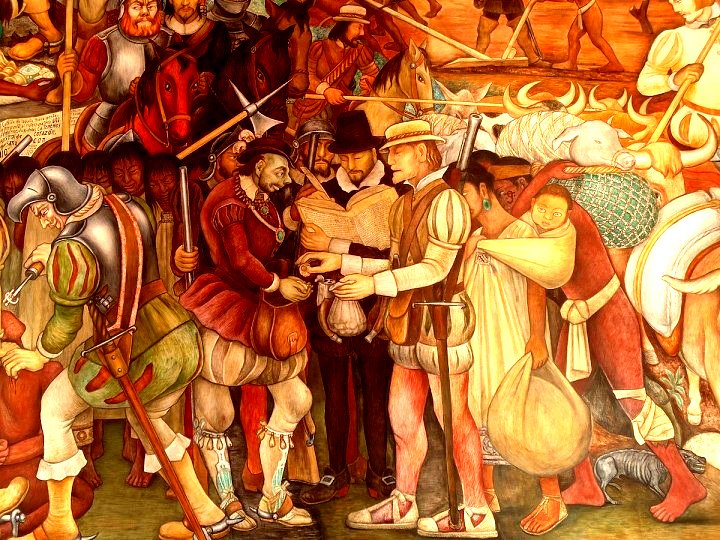 Representación de la llegada de Hernán Cortés a Veracruz - Mural de Diego Rivera en el Palacio Nacional de México.