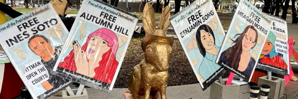 El pasado 11 de marzo de 2026, se pudieron ver carteles en apoyo a los manifestantes acusados ​​de terrorismo doméstico por una protesta contra el Servicio de Inmigración y Control de Aduanas (ICE) fuera del juzgado en Fort Worth, Texas.