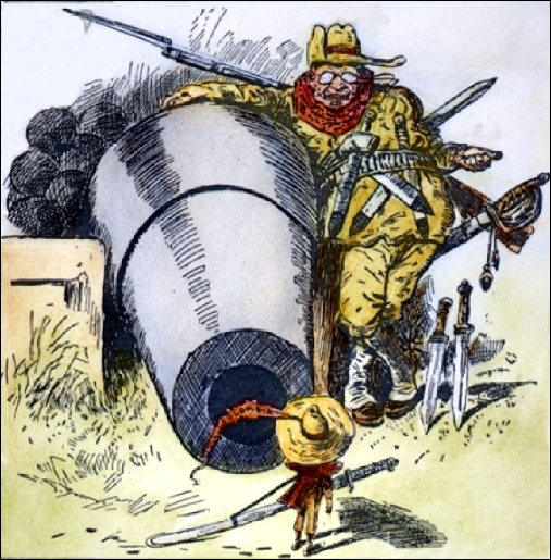 Caricatura titulada «Vete, pequeñín, y no me molestes» aparecida en el New York World, en 1903, haciendo alusión a las negociaciones entre Estados Unidos y Colombia por los derechos del istmo de Panamá, donde Roosevelt es mostrado apuntando un cañón.