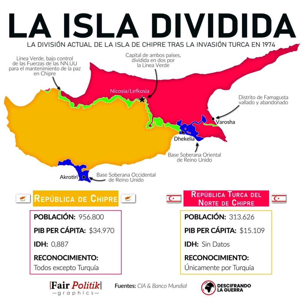 La división territorial de Chipre se articula en torno a tres entidades: la República de Chipre, la República Turca de Chipre del Norte y las bases militares de Reino Unido
