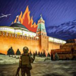 Imagen creada para conmemorar un supuesto ataque con drones al Kremlin en Moscú. El diseño fue utilizado por el servicio postal ucraniano, Ukrposhta, como base para un sello postal conmemorativo titulado "Kremlin en llamas".
