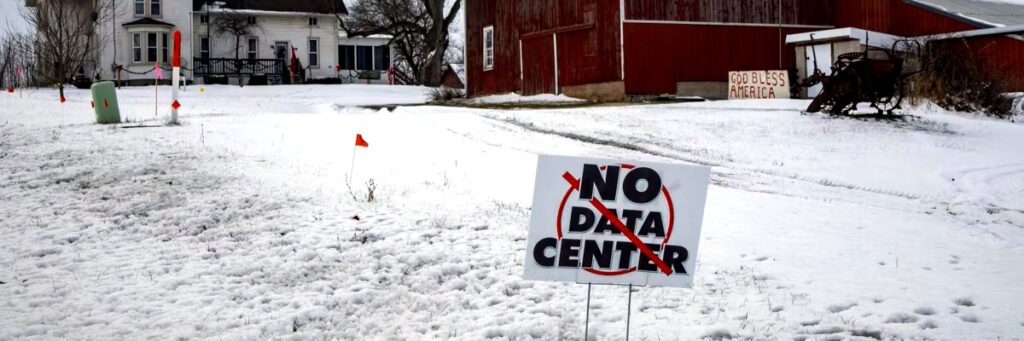 Un cartel en una carretera rural de Michigan se opone a un centro de datos planificado de 7 mil millones de dólares en terrenos agrícolas del sureste de Michigan, en Saline, Michigan.