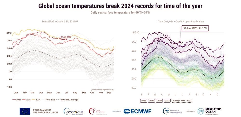 Evolución de las temperaturas de la superficie del mar según los registros del C3S y el CMEMS de Copernicus.