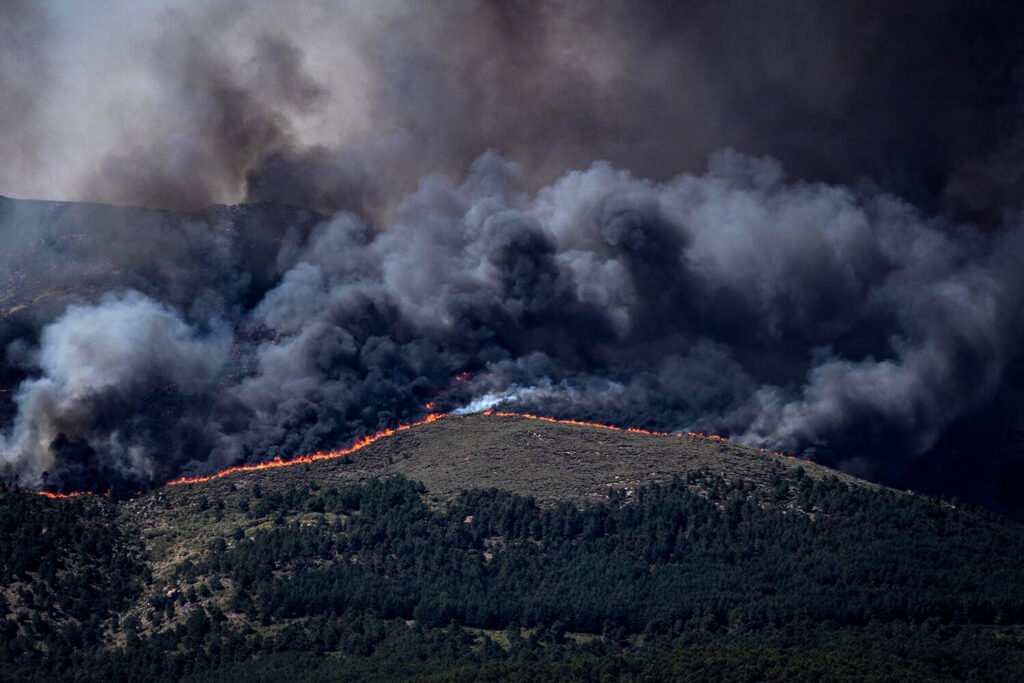 Frente de fuego en los montes cercanos a La Adrada, Ávila durante el gran incendio de julio de 2026. Fotografía de Jaime Pérez Rivero.