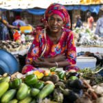 Hawa Bâ, frente al puesto de verduras que regenta en el mercado de Podor desde hace 15 años.