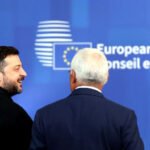 El presidente del Consejo Europeo, António Costa; el presidente de Ucrania, Volodímir Zelenski; y la presidenta de la Comisión Europea, Ursula von der Leyen.