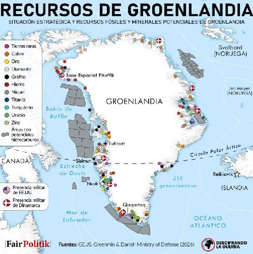 Mapa de la situación estratégica y de los recursos naturales de Groenlandia, una isla que Estados Unidos quiere controlar por 'seguridad nacional'.