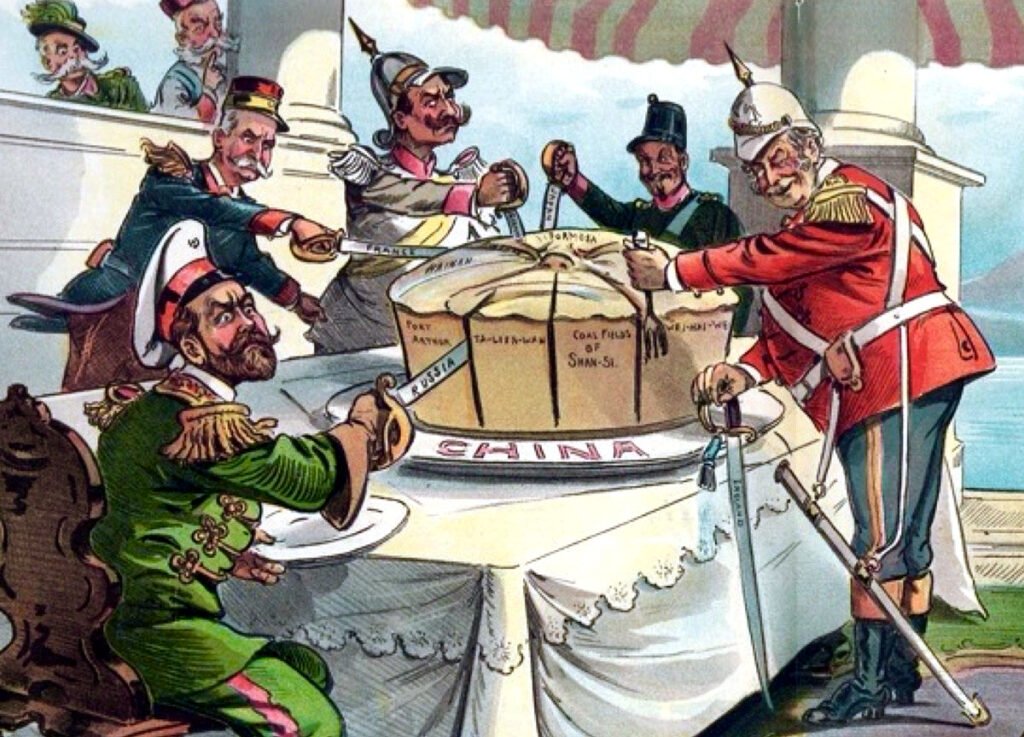 Ilustración que muestra como el Imperio del Centro fue dividido por las potencias extranjeras, dando inicio al siglo de la humillación nacional en China.