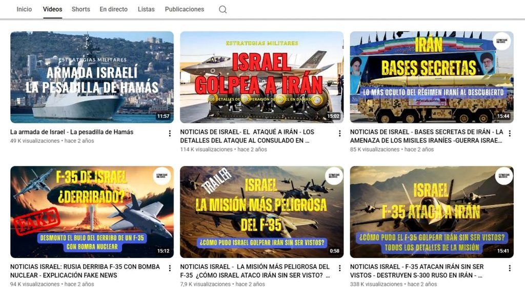 Captura de pantalla de algunos de los primeros vídeos subidos al canal de YouTube de Estrategias Militares.
