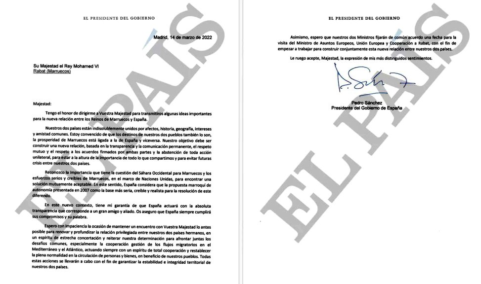 Carta de Pedro Sánchez a Mohammed VI anunciando el cambio de política de España en el Sáhara.