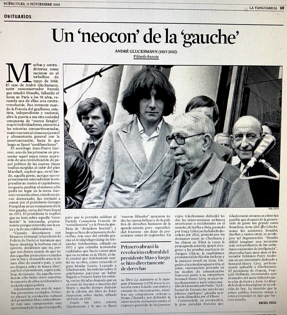 Obituario del padre de Raphaël Glucksmann de 2015 en La Vanguardia.