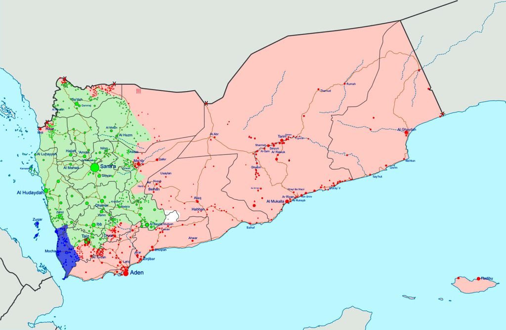 Mapa de la guerra civil de Yemen. En rojo el territorio controlado por el Gobierno de Adén; en verde el territorio controlado por el Gobierno de Saná; y en azul el territorio tomado por Ansar Alá en la ofensiva de septiembre de 2026.