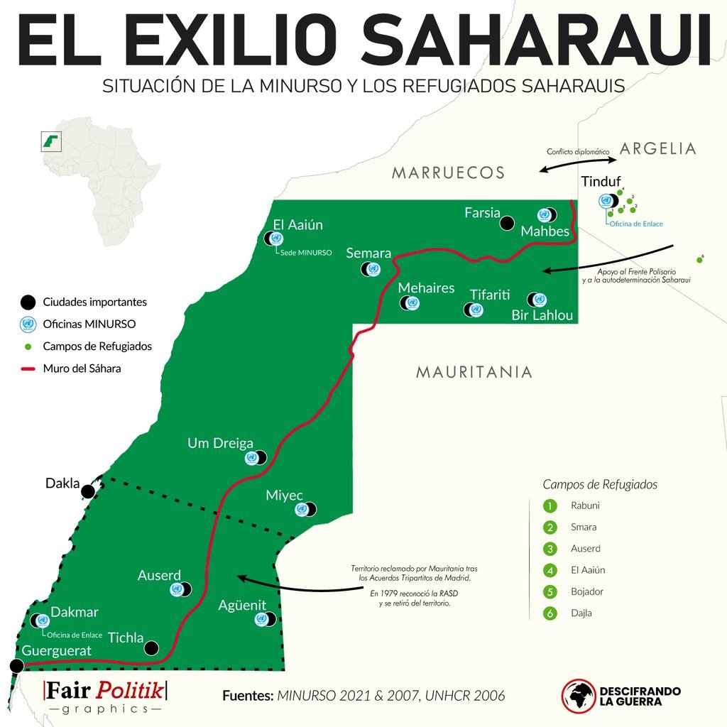 Mapa de la ocupación marroquí del Sáhara Occidental, la presencia de la MINURSO y ubicación de los campos de refugiados saharauis en Argelia.