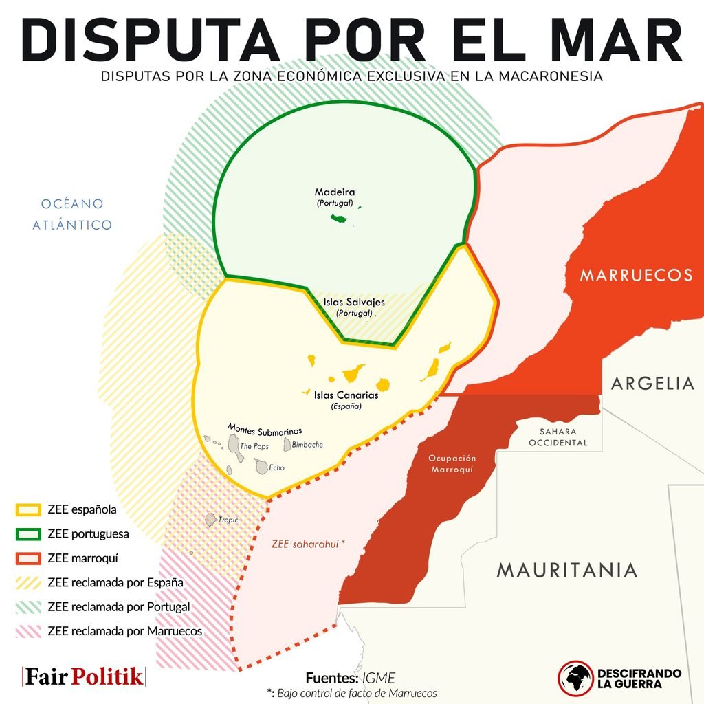 Mapa de las reclamaciones marítimas de España, Marruecos, Portugal y Sáhara en Macaronesia.