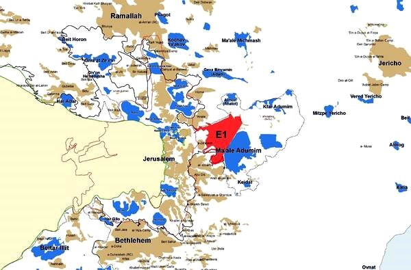 Mapa elaborado por Peace Now donde se muestra el asentamiento E1.
