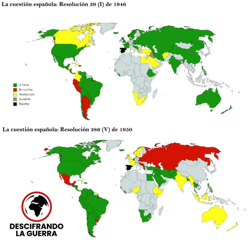 Resoluciones de Naciones Unidas sobre la cuestión española. En 1946 se impuso un bloqueo diplomático y el aislamiento internacional de la España de Franco, mientras que en 1950 se levantaron estas medidas.
