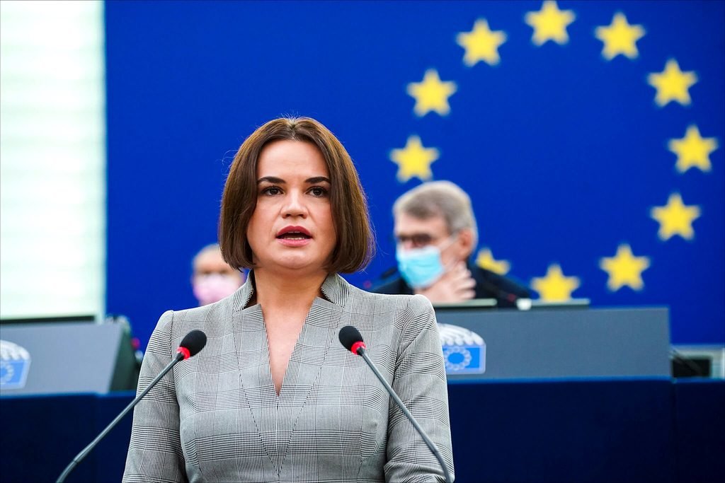 Svetlana Tijanóvskaya, líder bielorrusa en el exilio en una comparecencia ante el Parlamento Europeo.