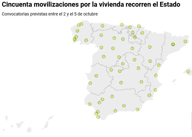 Cincuenta movilizaciones por la vivienda recorren el Estado. Convocatorias previstas entre el 2 y el 5 de octubre.