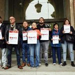 Representantes de la Confederación de Sindicatos de Inquilinas, CCOO, UGT, CGT, CNT, Unión de Actores y Actrices, CO.BAS y la Intersindical en el Ministerio de Trabajo en el registro de la huelga general del 11N.